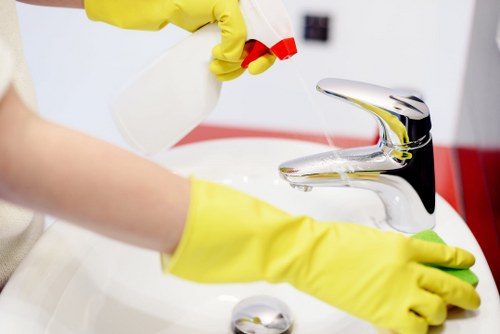 Professional cleaner maintaining a shared office kitchen in Wembley